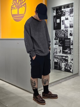 「Timberland（ティンバーランド）の【定番】スリーアイ(3eye) クラシックラグ メンズ（モカシン/デッキシューズ、ブラウン系）」を使った、Toさん（メンズ・175cm）の夏コーディネート