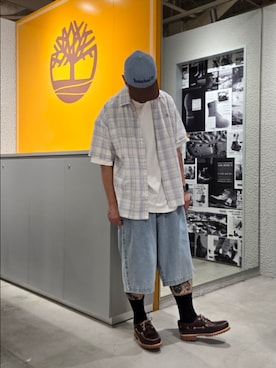 「Timberland（ティンバーランド）の【定番】スリーアイ(3eye) クラシックラグ メンズ（モカシン/デッキシューズ、ブラウン系）」を使った、Toさん（メンズ・175cm）の夏コーディネート