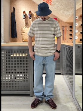 「Timberland（ティンバーランド）の【定番】スリーアイ(3eye) クラシックラグ メンズ（モカシン/デッキシューズ、レッド系）」を使った、Toさん（メンズ・175cm）の夏コーディネート