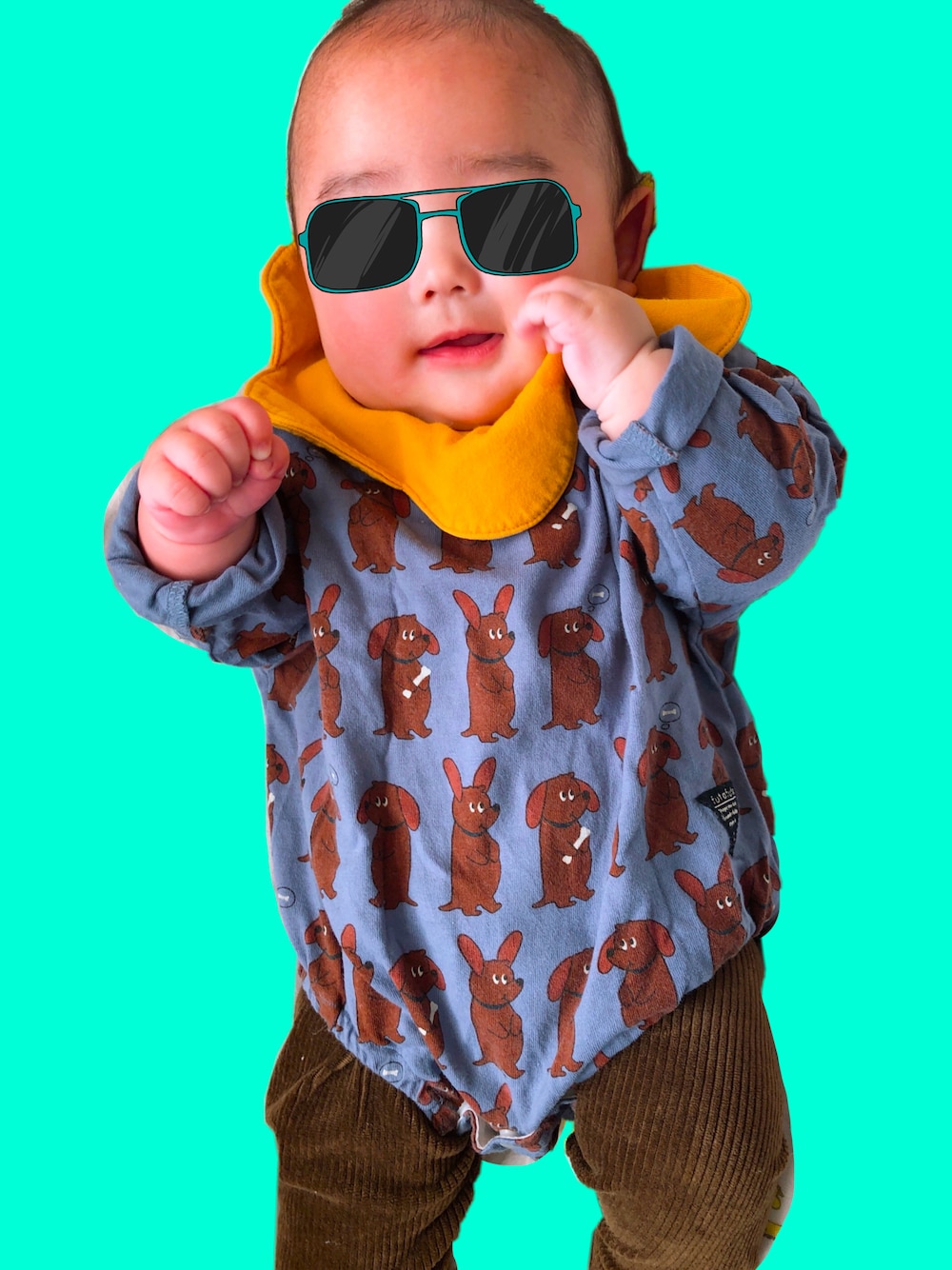 「キッズファッション、男の子コーデ、男の子、バースデイ、ロンパース」｜「Birthdayのアイテム（その他ベビーウェア、ブルー系）」を使った、yoyo7212さん（キッズ・70cm）の秋コーディネートの1枚目の写真