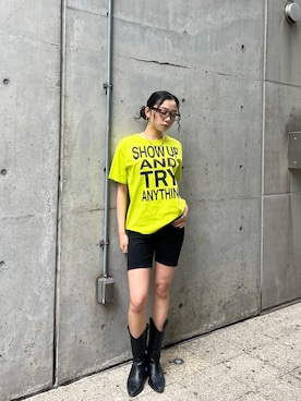 「Oriens JOURNAL STANDARD(オリエンス ジャーナルスタンダード)のSHOW UP プリントTEE(Tシャツ/カットソー、イエロー系)」を使った、yuzukiさん(レディース・160cm)の夏コーディネート