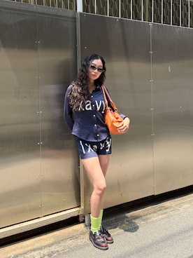 「Oriens JOURNAL STANDARD(オリエンス ジャーナルスタンダード)のlxavyi シェイプシャツ(Tシャツ/カットソー、ブルー系)」を使った、yuzukiさん(レディース・160cm)の夏コーディネート