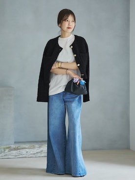「plage（プラージュ）のTWEED ニットジャケット（その他アウター、ブラック系）」を使った、yoshieさん（レディース・166cm）の夏コーディネート