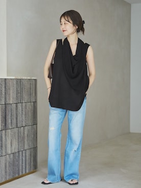 「plage（プラージュ）のHealthy denim / ヘルシーデニム 別注 FLARE CRUSHED デニムパンツ（デニムパンツ、ブルー系）」を使った、yoshieさん（レディース・166cm）の夏コーディネート