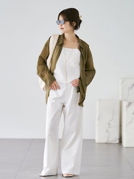 「plage（プラージュ）の《追加》fluffy sheer シャツ 2（シャツ/ブラウス、グリーン系）」を使った、yoshieさん（レディース・166cm）の夏コーディネート