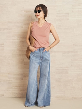 「plage（プラージュ）の《追加》REMAKE WIDE DENIM パンツ（デニムパンツ、ブルー系）」を使った、yoshieさん（レディース・166cm）の夏コーディネート