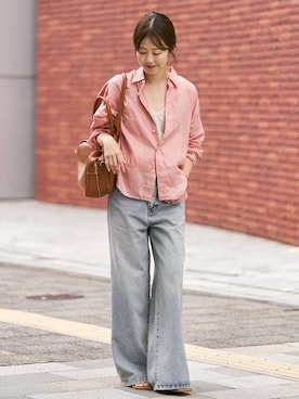「plage（プラージュ）のLinen mix ニュアンスシャツ（シャツ/ブラウス、ピンク系）」を使った、yoshieさん（レディース・166cm）の夏コーディネート