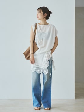 「plage（プラージュ）のJOHNBULL / ジョンブル 別注 FLARE デニム（デニムパンツ、ブルー系）」を使った、yoshieさん（レディース・166cm）の夏コーディネート