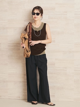 「plage（プラージュ）のLinen mix easy パンツ（その他パンツ、ブラック系）」を使った、yoshieさん（レディース・166cm）の夏コーディネート