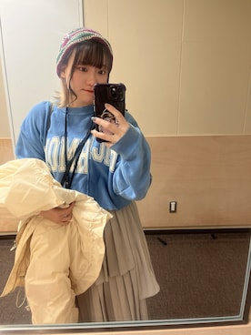 「LOWRYS FARM（ローリーズファーム）のリメイクフウショートウラケＬＳ　990266（スウェット、ブルー系）」を使った、みんさん（レディース・155cm）の春コーディネート