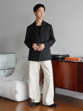 「WYM LIDNM（ウィム バイ リドム）のMELANGE TWEED DOUBLE JACKET【SET-UP】（テーラードジャケット、ブラック系）」を使った、たき さん（メンズ・170cm）の秋コーディネート
