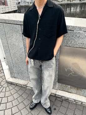 「WYM LIDNM（ウィム バイ リドム）のGAUZE JACQUARD CHECK H/S SHIRT（シャツ/ブラウス、ブラック系）」を使った、たき さん（メンズ・170cm）の夏コーディネート