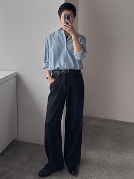 「WYM LIDNM（ウィム バイ リドム）のLASER FADE STANDARD STRAIGHT DENIM/COLORFAST SLUB STANDARD DENIM（デニムパンツ、ブラック系）」を使った、たき さん（メンズ・170cm）の夏コーディネート