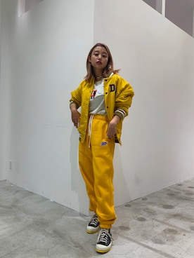 「イエローコーデ」｜「アイテム（スタジャン）」を使った、kasさん（レディース・151cm）の秋コーディネート