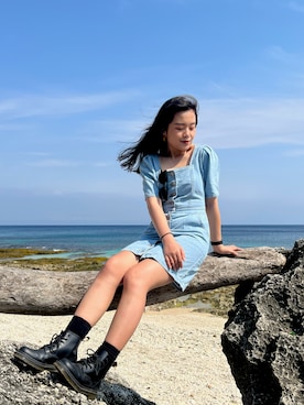 「AIR SPACE（エアースペース）のアイテム（ワンピース、ブルー系）」を使った、Panさん（レディース・160cm）の春コーディネート