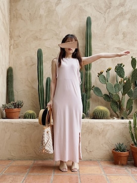 「Rosarymoon（ロザリームーン）のSide Ribbon Jersey Dress ¥20680（ワンピース、ピンク系）」を使った、ぱぴさん（レディース・152cm）の夏コーディネート