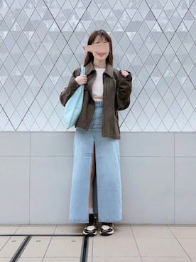 「GU（ジーユー）のコットンジップアップジャケット　¥3990（デニムジャケット、ブラウン系）」を使った、ぱぴさん（レディース・152cm）の春コーディネート
