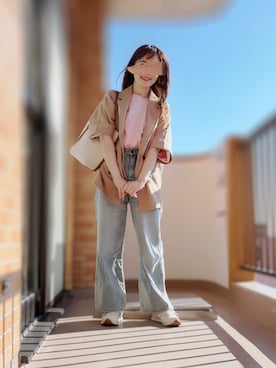 「CIAOPANIC TYPY（チャオパニックティピー）の≪シワになりにくい≫テックリネン半袖シャツジャケット（テーラードジャケット、ベージュ系）」を使った、ぱぴさん（レディース・152cm）の夏コーディネート