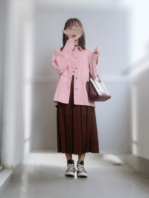 ZARA デニム Gジャン・スカート ピンク セット ZARAのデニムジャケット（ピンク系）を使った人気ファッション