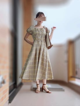 「NATURAL BEAUTY BASIC（ナチュラルビューティーベーシック）の【PS/低身長サイズ】チェックパフスリーブワンピース（ワンピース、イエロー系）」を使った、ぱぴさん（レディース・152cm）の夏コーディネート