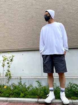 「アイテム（ニットキャップ/ビーニー、ホワイト系）」を使った、shoさん（メンズ・180cm）の夏コーディネート