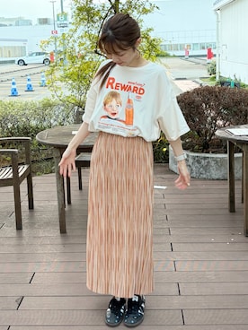 「wee9s（ウィークス）のdaily daily super stretch pleats skirt / セルフカット可能なスーパーストレッチプリーツスカート（スカート、オレンジ系）」を使った、𝑵𝒂𝒏𝒂さん（レディース・158cm）の夏コーディネート