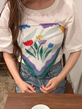 「Levi's（リーバイス）のLevi's別注 XL STRAIGHTダメージデニム（デニムパンツ、ブルー系）」を使った、𝑵𝒂𝒏𝒂さん（レディース・158cm）の夏コーディネート
