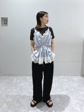 「LOWRYS FARM（ローリーズファーム）のレースサテンキャミ 1049036（キャミソール、ブルー系）」を使った、ヒトミさん（レディース・146cm）の夏コーディネート