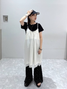 「LOWRYS FARM（ローリーズファーム）のドレーププルオーバーSS 1053677（Tシャツ/カットソー、ブラック系）」を使った、ヒトミさん（レディース・146cm）の夏コーディネート
