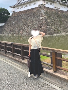 「GU（ジーユー）のステッチマーメイドロングスカート （スカート、ブラック系）」を使った、uu!さん（レディース・157cm）の夏コーディネート