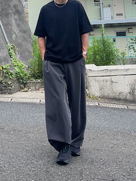 「WYM LIDNM（ウィム バイ リドム）のCOOL DRY DENSE TEE -STANDARD FIT-（Tシャツ/カットソー、ブラック系）」を使った、nnnさん（メンズ・177cm）の夏コーディネート