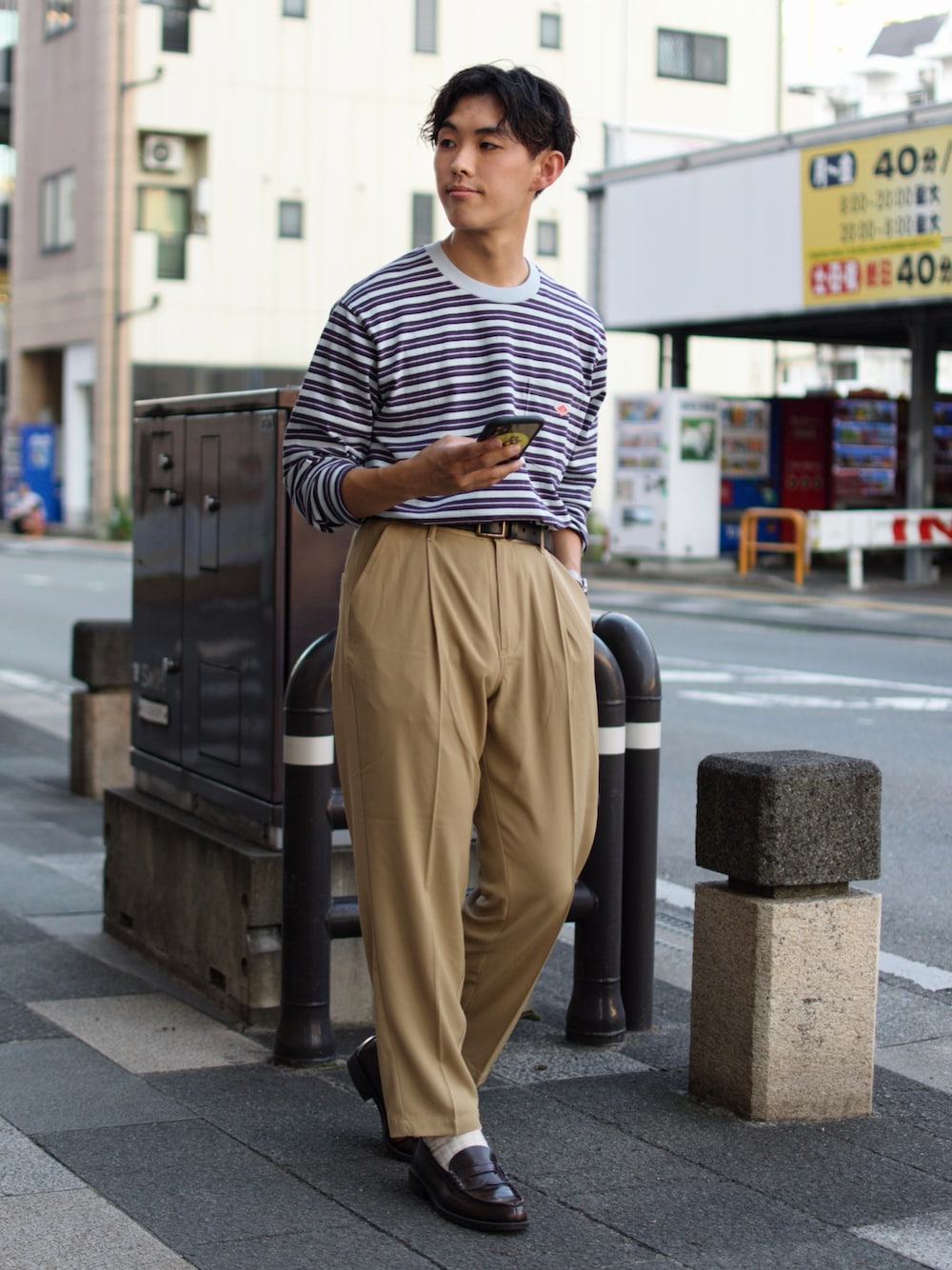 「niko and ...、ニコアンド、Danton、ロンT、ボーダー、ボーダートップス、ボーダーTシャツ、ワイドパンツ、スラックス、ワイドスラックス、ローファー、タックイン、きれいめカジュアル、カジュアル、秋コーデ」｜「DANTONの【DANTON(ダントン)】ボーダーポケットロンＴ（Tシャツ/カットソー、ブルー系）」を使った、ぜっきーさん（メンズ・165cm）の夏コーディネートの1枚目の写真