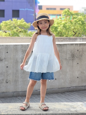 「アイテム（帽子）」を使った、cononᐝさん（キッズ・123cm）の夏コーディネート