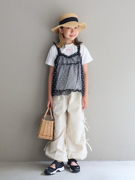 「Amourire girl（アムリールガール）のドット柄チュールキャミソールドッキング半袖Tシャツ/カットソー（Tシャツ/カットソー、ブラック系）」を使った、cononᐝさん（キッズ・129cm）の夏コーディネート