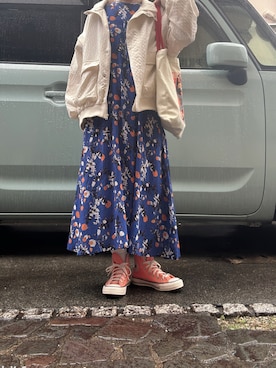 「Green　Parks（グリーンパークス）の2WAY  ジャガードブルゾン（ブルゾン、ホワイト系）」を使った、yuuaさん（レディース・154cm）の春コーディネート