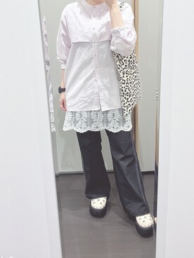 「niko and...（ニコアンド）の【MODE NORM CORE】イージーフレアラインパンツ（その他パンツ）」を使った、yuuaさん（レディース・154cm）の春コーディネート