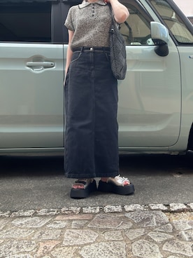 「tiptop（ティップトップ）のメランジメッシュライン入りポロ（ポロシャツ、ブラック系）」を使った、yuuaさん（レディース・154cm）の夏コーディネート