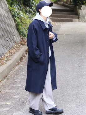 「EMMA CLOTHES（エマクローズ）のアイテム（ステンカラーコート）」を使った、しんごさん（メンズ・175cm）の冬コーディネート