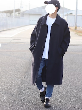 「EMMA CLOTHES（エマクローズ）のアイテム（ステンカラーコート）」を使った、しんごさん（メンズ・175cm）の冬コーディネート