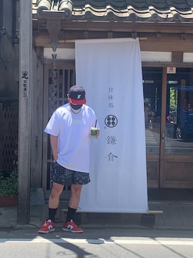 「FOG ESSENTIALS（エフオージーエッセンシャルズ）のアイテム（帽子）」を使った、Bobby Kazuさん（メンズ・173cm）の夏コーディネート