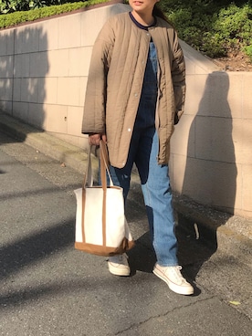 「トートバッグ」｜「アイテム（ノーカラーコート）」を使った、akarinsさん（レディース・159cm）の秋コーディネート