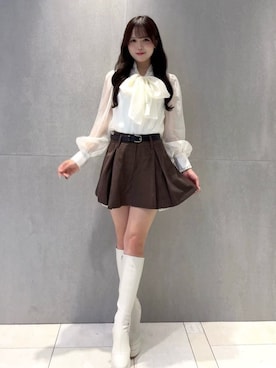 「ROYAL PARTY（ロイヤルパーティー）のベルト付ストライプミニスカート（スカート、ブラウン系）」を使った、ROYALPARTYさん（レディース・159cm）の秋コーディネート