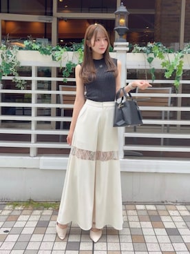 「ROYAL PARTY（ロイヤルパーティー）のレースドッキングワイドパンツ（その他パンツ、ホワイト系）」を使った、ROYALPARTYさん（レディース・155cm）の夏コーディネート