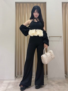 「ROYAL PARTY（ロイヤルパーティー）のカップ付チュールドッキングペプラムカットトップス（Tシャツ/カットソー、ブラック系）」を使った、ROYALPARTYさん（レディース・155cm）の夏コーディネート