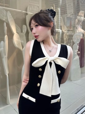 「ROYAL PARTY（ロイヤルパーティー）のリボン付Vネック配色タイトワンピース（ワンピース、ブラック系）」を使った、ROYALPARTYさん（レディース・158cm）の夏コーディネート