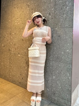 「ROYAL PARTY（ロイヤルパーティー）のかぎ針ニットボーダートップス（ニット/セーター、ピンク系）」を使った、ROYALPARTYさん（レディース・158cm）の夏コーディネート