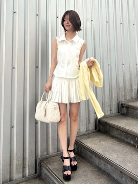 「ROYAL PARTY（ロイヤルパーティー）の切替プリーツミニスカート（スカート、ホワイト系）」を使った、ROYALPARTYさん（レディース・155cm）の夏コーディネート