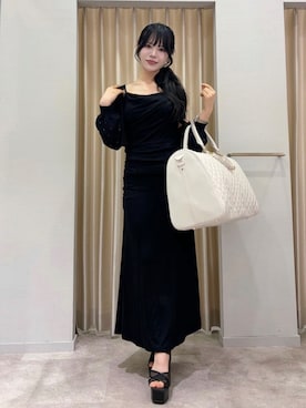 「ROYAL PARTY（ロイヤルパーティー）のカップ付ドレープキャミワンピース（ワンピース、ブラック系）」を使った、ROYALPARTYさん（レディース・155cm）の夏コーディネート