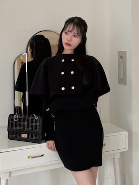 「ROYAL PARTY（ロイヤルパーティー）のケープ付ニットタイトミニワンピース（ワンピース、ブラック系）」を使った、ROYALPARTYさん（レディース・159cm）の秋コーディネート