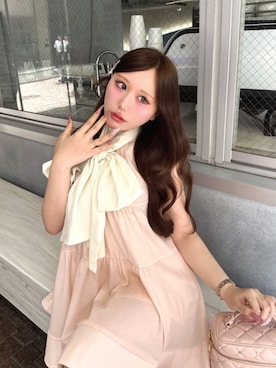 「ROYAL PARTY（ロイヤルパーティー）のリボン付アメスリティアードブラウスセットアップ（シャツ/ブラウス、ピンク系）」を使った、ROYALPARTYさん（レディース・158cm）の春コーディネート